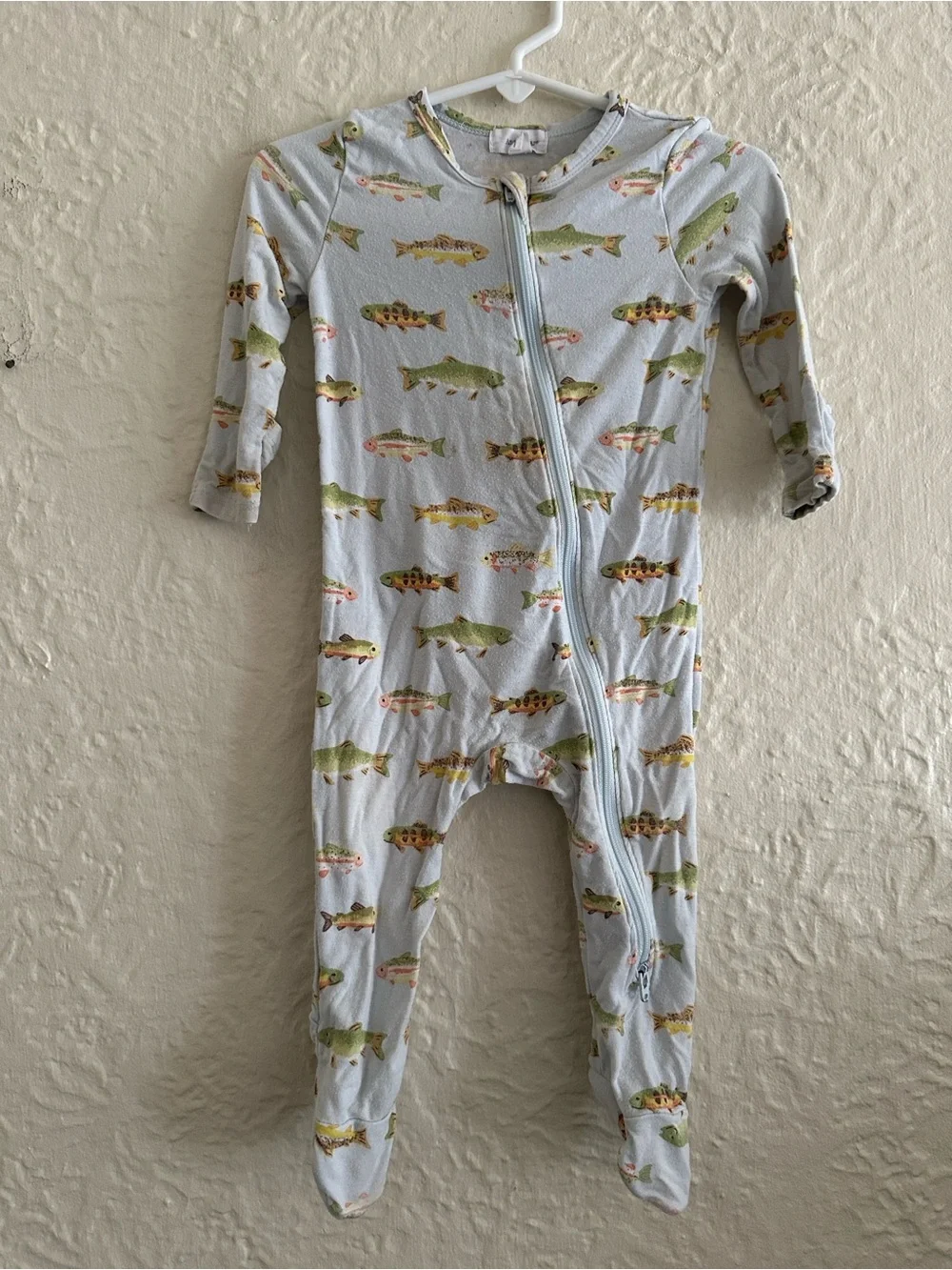 Angel Dear Light Blue Green Yellow Fish Pattern Bamboo Sleeper Footie 6-9 Months